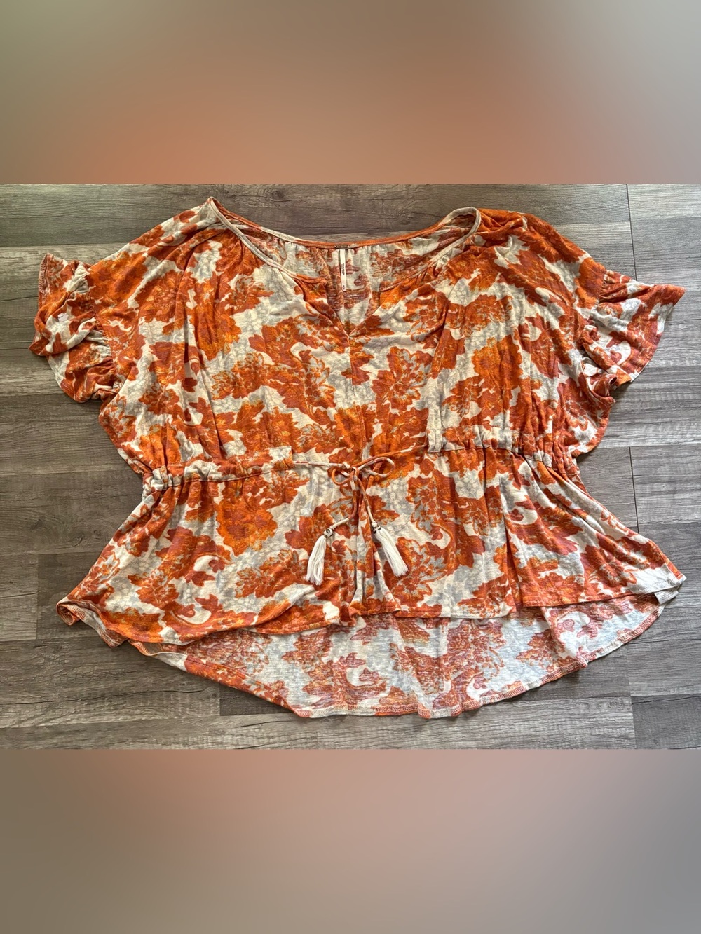 Free People Orange & Cream Floral Drawstring Tunic